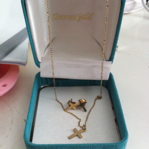 Gold cross earrings and necklace never been worn!!