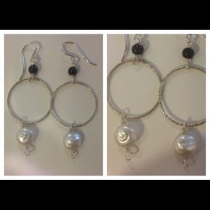 Sterling silver hoops with onyx & freshwater pearl