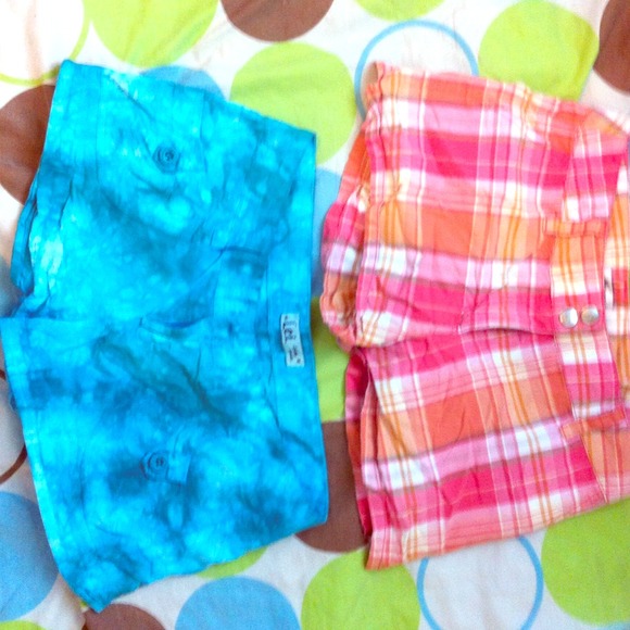 pink plaid and blue tie dye shorts.