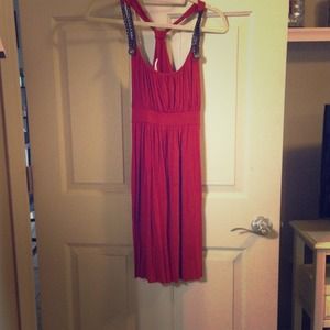 Burnt orange jersey dress with leather straps