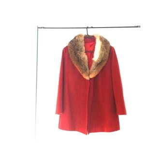 Vintage 1960s, red wool coat with a fur collar