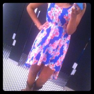 Pink, royal blue, and a little mint. Floral dress.