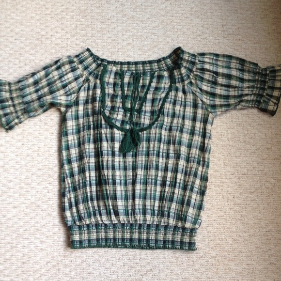 Hazel Tops - Green plaid peasant top.