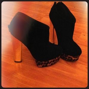 Black suede booties w/ leopard platform