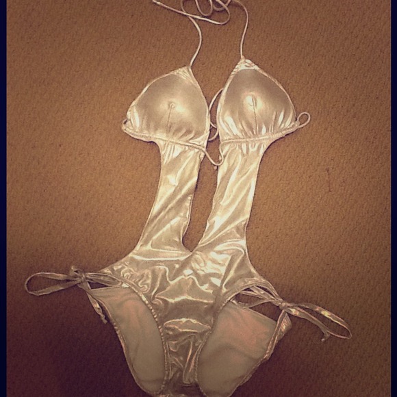 Shiny metallic silver one piece swim suit