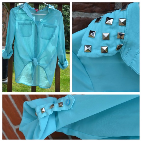DIY Studded Turquoise Chiffon Button Up