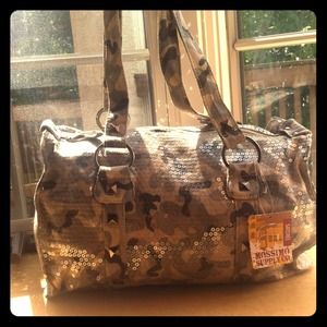SOLD.   Camouflage gray & black satchel