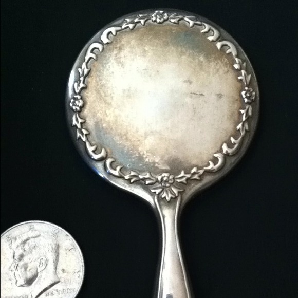 🟤Woman’s Very Old Miniature Vintage Hand Held Miniature SilverMirror ,Heavy