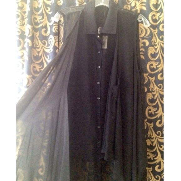 Sheer, black chiffon, sleeveless, button down top - Picture 2 of 4