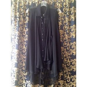 Sheer, black chiffon, sleeveless, button down top