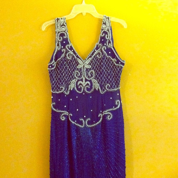 Floor length deep blue gown with intricate beading - Picture 1 of 4