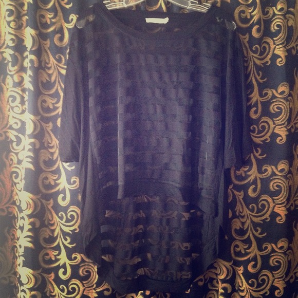 M/L Sheer, black, striped t-shirt with hi & lo hem