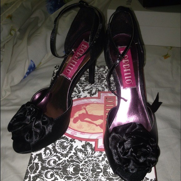 Bordello Black satin rose detailed heels