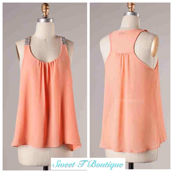 ❌❌SOLD❌❌Peach Chiffon Top with Jeweled Straps