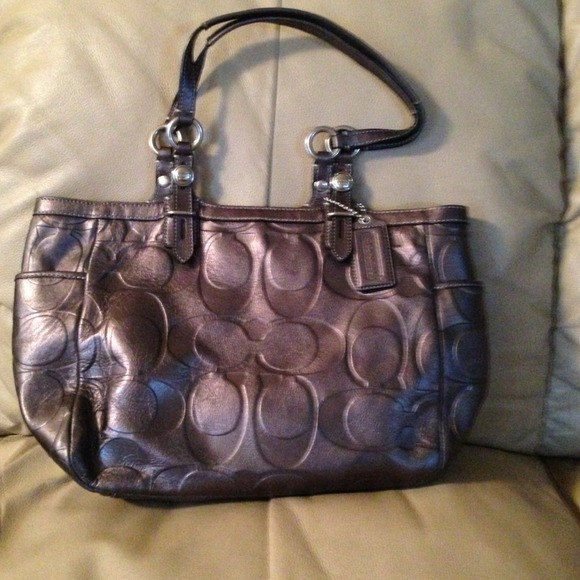 Charcoal metallic leather embossed coach purse