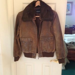 Brown Leather Bomber Jacket w/real fur collar