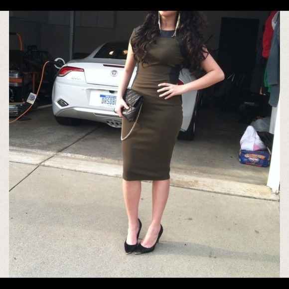 Olive form fitted dress with black detail