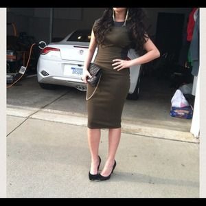 Olive form fitted dress with black detail