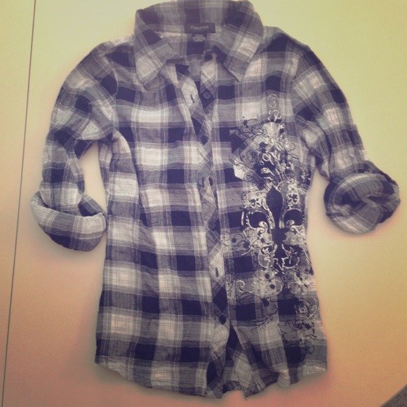 Fleurish button up black, grey, & white plaid top