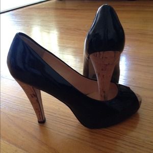 Black patent peep toe pump