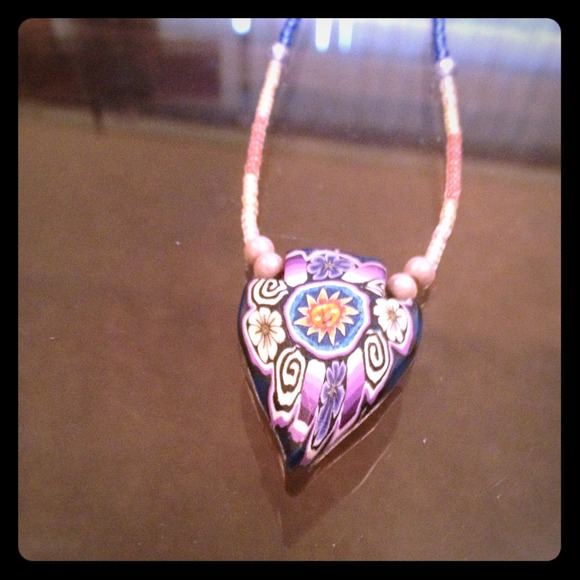 Handmade Beaded Necklace with Clay Pendant
