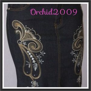 Long Denim Skirt with Embroidered Sequins