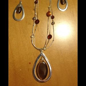Brown and silver necklace and earring set