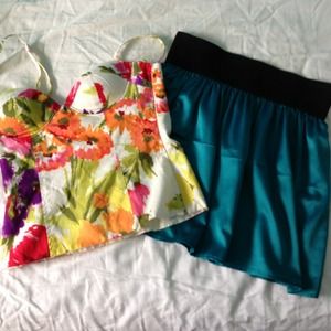 Floral top with teal high waisted skirt!