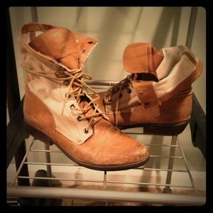 Canvas and leather ankle boots