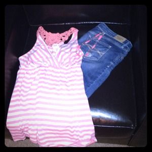 Tank with white and peach stripes.