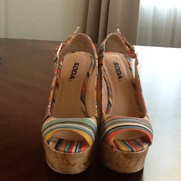 SOLD ****Soda Multi Color Open Toe Wedges - Picture 1 of 2