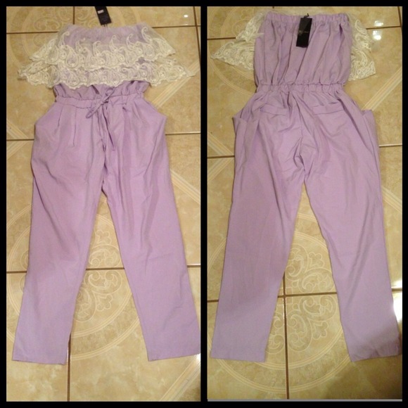NWT FIRM Lilac romper with white lace free size - Picture 1 of 4