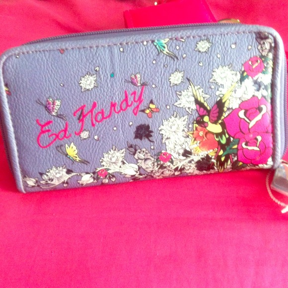 NWT Ed Hardy zip around wallet purple