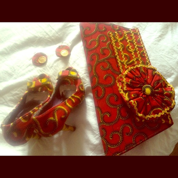West African print clutch,earrings and shoe.