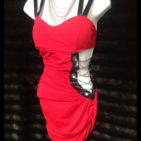 RED Lycra Dress w/Pleather straps/Chain side🔥👗