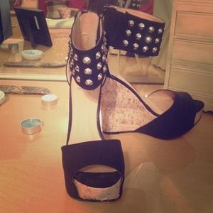 Scene- Black Suede and Cork Wedge. 8 inches