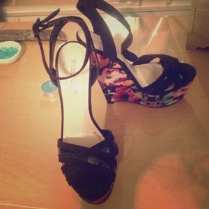 Shoedazzle- Black and Floral Strappy Solid Wedge.