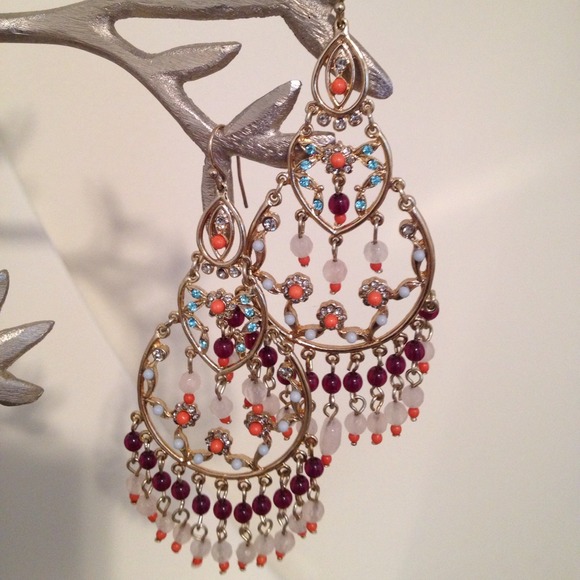 Jewelry - multi-colored stone gold chandelier earrings