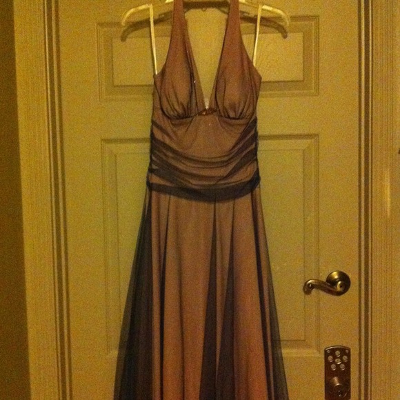 Soft pink halter dress with gray sheer overlay