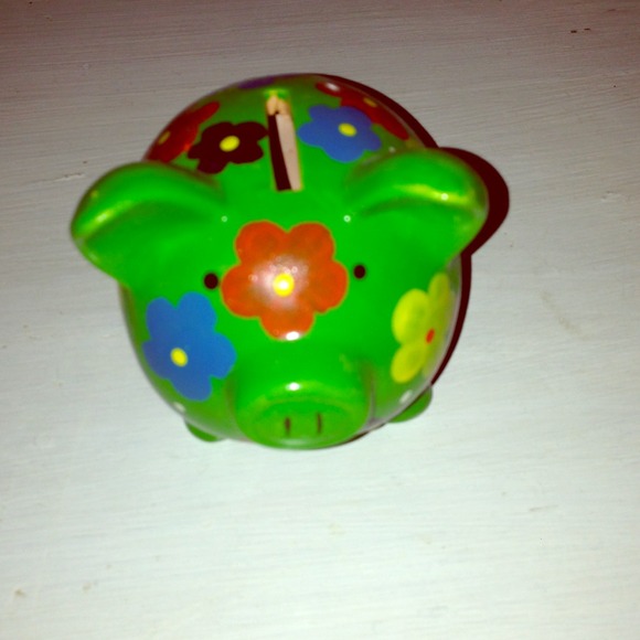 Other - Green hand painted piggy bank with flowers!