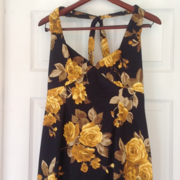 Navy blue halter dress with floral print