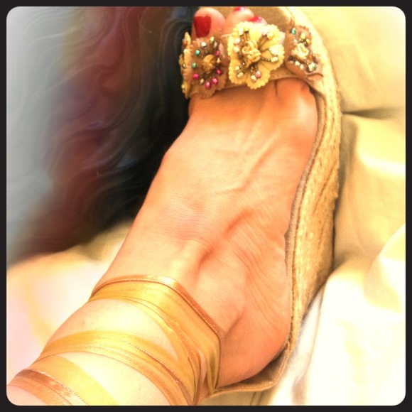 New gold ribboned and flower wrap around wedges