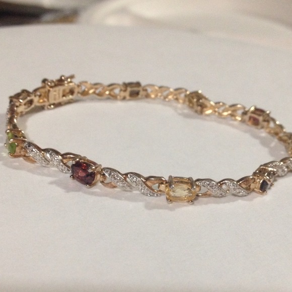 Gemstone & diamond in gold plated silver bracelet