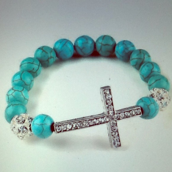 Teal rhinestone cross bracelet
