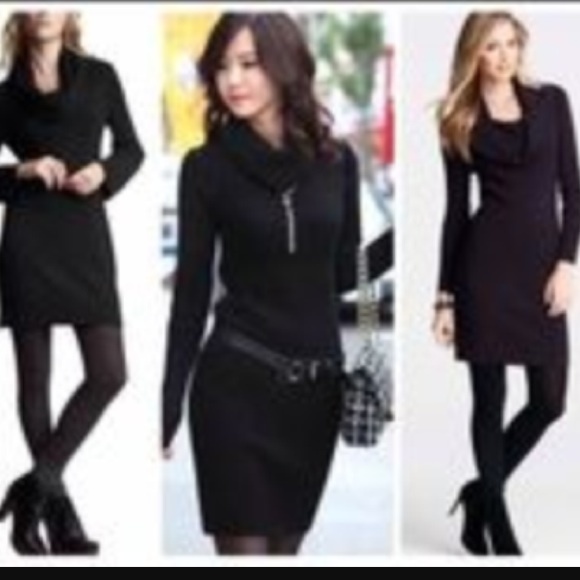French Connection black sweater dress with belt.