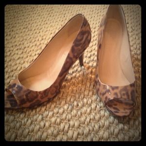 J. Crew patent leather, peep toe in leopard print