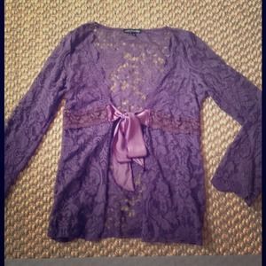Ann Ferriday plum lace cardigan with satin tie
