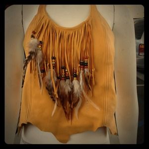 Vintage Leather Fringe Shirt w/ Beads & Feathers