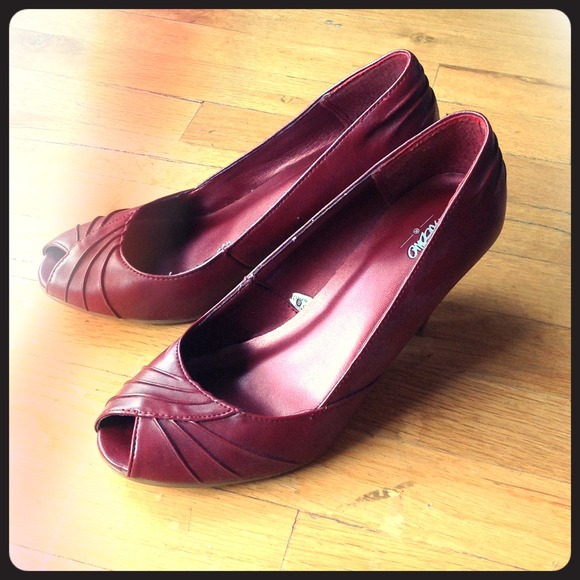 Red leather pumps