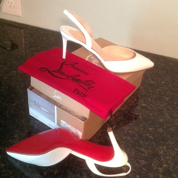New Louboutin 3" white patent leather sling backs